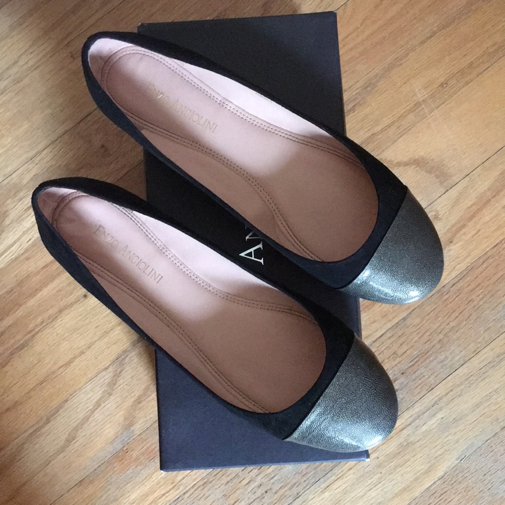 Enzo Angiolini Cap Toe Flats - Black Suede - Pewter Toe